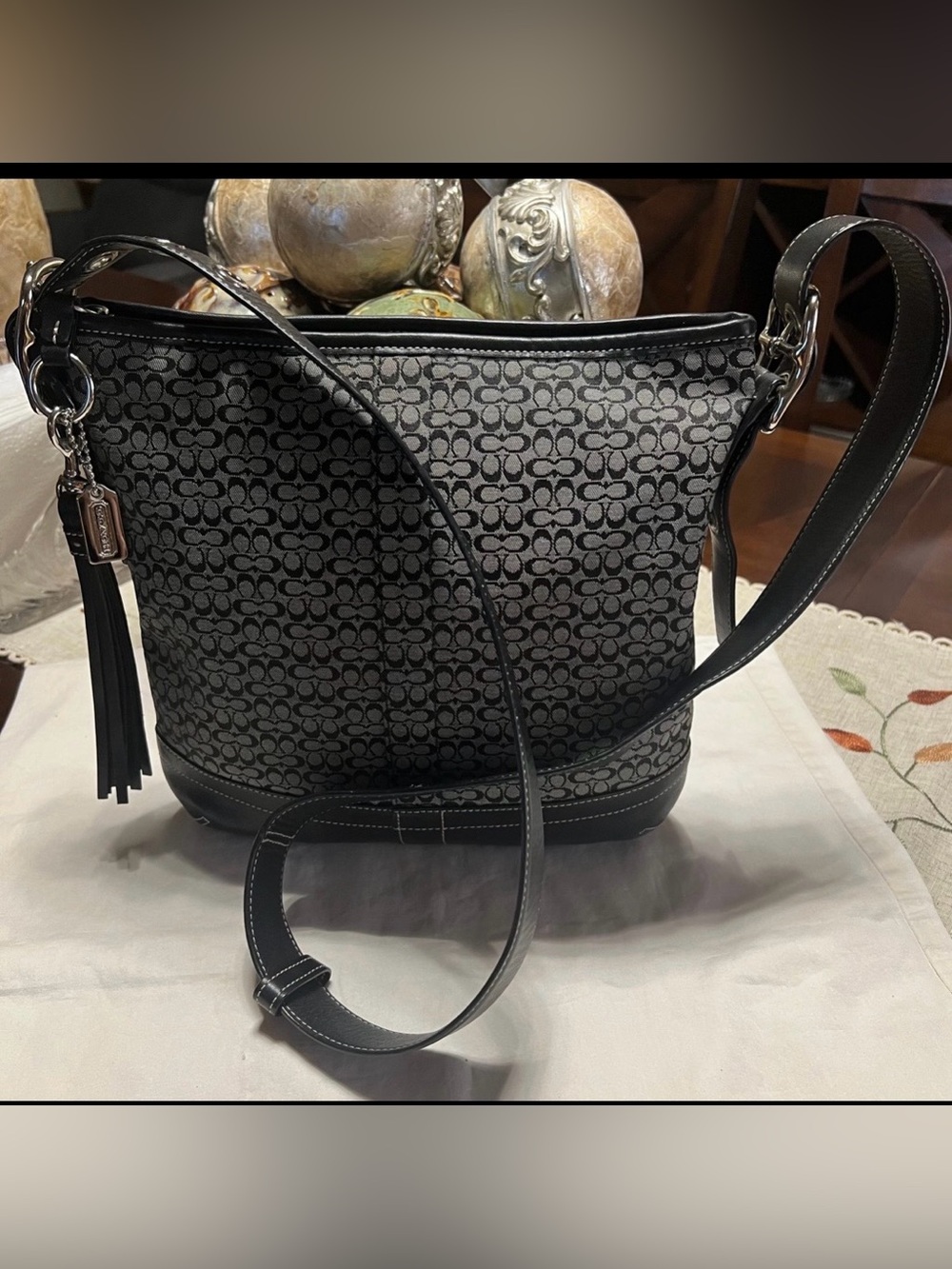 Coach Black and Gray Monogram Crossbody with Tassel